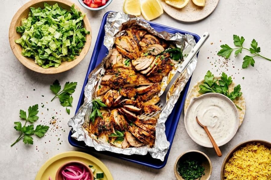 Sliced grilled chicken served with chopped lettuce yellow rice pickled onions lemon wedges herbs and a creamy sauce. The spread combines lean protein vegetables and grains commonly enjoyed as part of a Mediterranean diet.