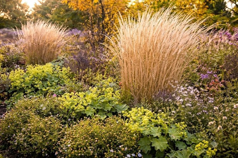 Tall golden ornamental grasses rising above mounds of chartreuse foliage and purple flowering perennials in a late summer garden. The soft grass plumes add height, movement, and contrast to the colorful planting design.