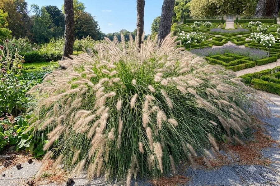Large fountain shaped clump of ornamental grasses with fluffy cream seed heads growing beside a formal garden and gravel path. The cascading form creates a dramatic focal point against neatly clipped hedges.