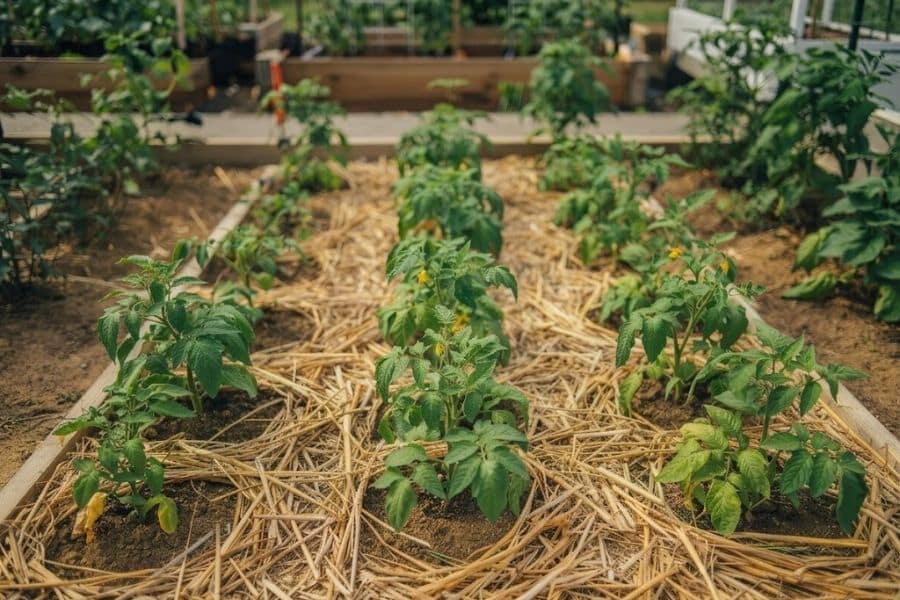 Rows of young tomato plants grow through a thick layer of straw mulch in raised garden beds. The straw covers the soil around each plant to help retain moisture and limit weed growth.