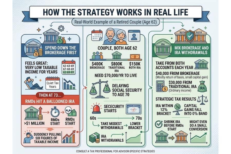 Three panel example of a retired couple at age 62 comparing spending down brokerage assets first with mixing brokerage and traditional IRA withdrawals over time. The infographic reads. "HOW THE STRATEGY WORKS IN REAL LIFE. Real World Example of a Retired Couple. Age 62. SPEND DOWN THE BROKERAGE FIRST. FEELS GREAT. VERY LOW TAXABLE INCOME FOR YEARS. Quiet Tax Years. THEN AT 73. RMDs HIT A BALLOONED IRA. over $1 MILLION. RMDs START. SUDDENLY PULLING SIX FIGURES OF TAXABLE INCOME. COUPLE. BOTH AGE 62. $400K BROKERAGE. $800K TRADITIONAL IRA. $150K ROTH IRA. NEED $70,000 PER YEAR TO LIVE. DELAYING SOCIAL SECURITY TO AGE 70. SECURITY STARTS. 60s. 70s. TAKE MODEST WITHDRAWALS. LOWER BRACKET. IRA WITHDRAWALS. MIX BROKERAGE AND IRA WITHDRAWALS. TAKE FROM BOTH ACCOUNTS EACH YEAR. $40,000 FROM BROKERAGE. Mostly return of basis. small capital gain. $30,000 IRA. TRADITIONAL IRA. Ordinary income. STRATEGIC TAX RESULTS. IRA WITHIN 12% BRACKET. CAPITAL GAINS FALL INTO 0% BAND. SHRINK IRA BEFORE RMDs START. MIGHT EVEN DO A SMALL CONVERSION. CONSULT A TAX PROFESSIONAL FOR ADVISOR SPECIFIC STRATEGIES."