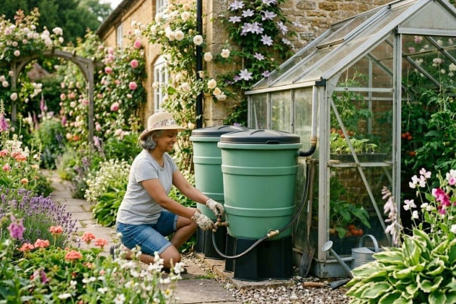 A gardener connects a hose to two green rainwater barrels beside a greenhouse in a colorful flower garden. The barrels provide collected water for use around the garden.