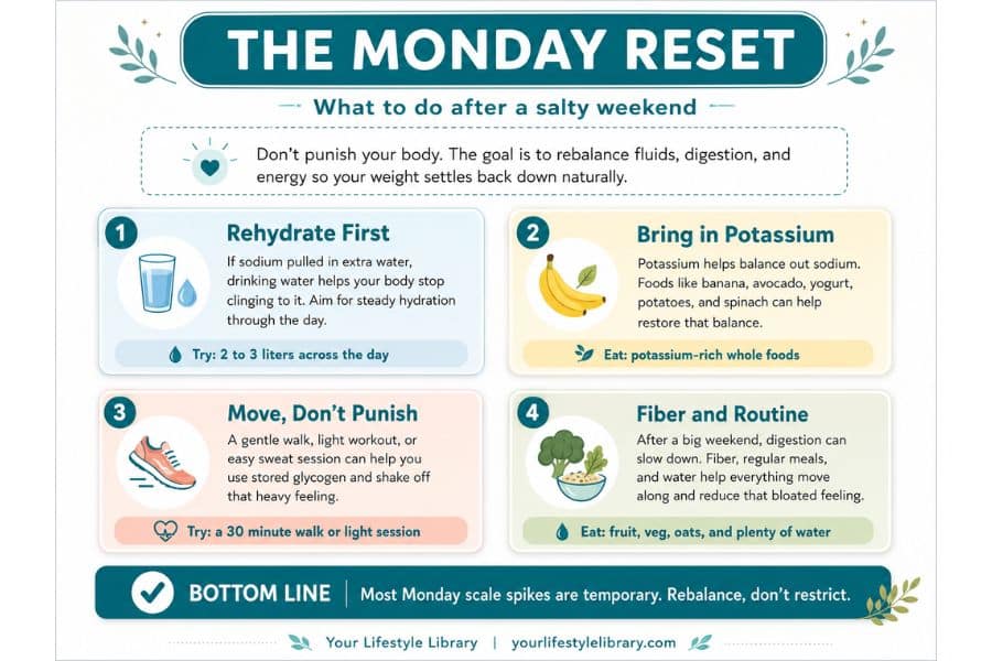 A teal and pastel infographic uses water banana walking shoe and fiber rich food icons to explain how to recover after a salty weekend. Text reads "THE MONDAY RESET. What to do after a salty weekend. Do not punish your body. The goal is to rebalance fluids digestion and energy so your weight settles back down naturally. 1. Rehydrate First. If sodium pulled in extra water drinking water helps your body stop clinging to it. Aim for steady hydration through the day. Try 2 to 3 liters across the day. 2. Bring in Potassium. Potassium helps balance out sodium. Foods like banana avocado yogurt potatoes and spinach can help restore that balance. Eat potassium rich whole foods. 3. Move Do Not Punish. A gentle walk light workout or easy sweat session can help you use stored glycogen and shake off that heavy feeling. Try a 30 minute walk or light session. 4. Fiber and Routine. After a big weekend digestion can slow down. Fiber regular meals and water help everything move along and reduce that bloated feeling. Eat fruit veg oats and plenty of water. BOTTOM LINE. Most Monday scale spikes are temporary. Rebalance do not restrict. Your Lifestyle Library. yourlifestylelibrary.com."