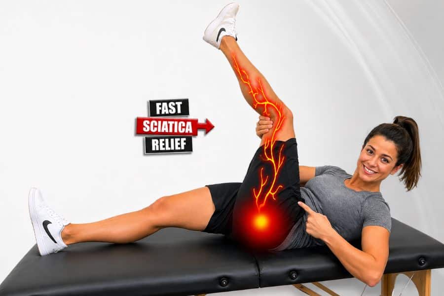 A woman lying on a bed with her leg in the air and it showing the muscles and the words Fast Sciatic Relief