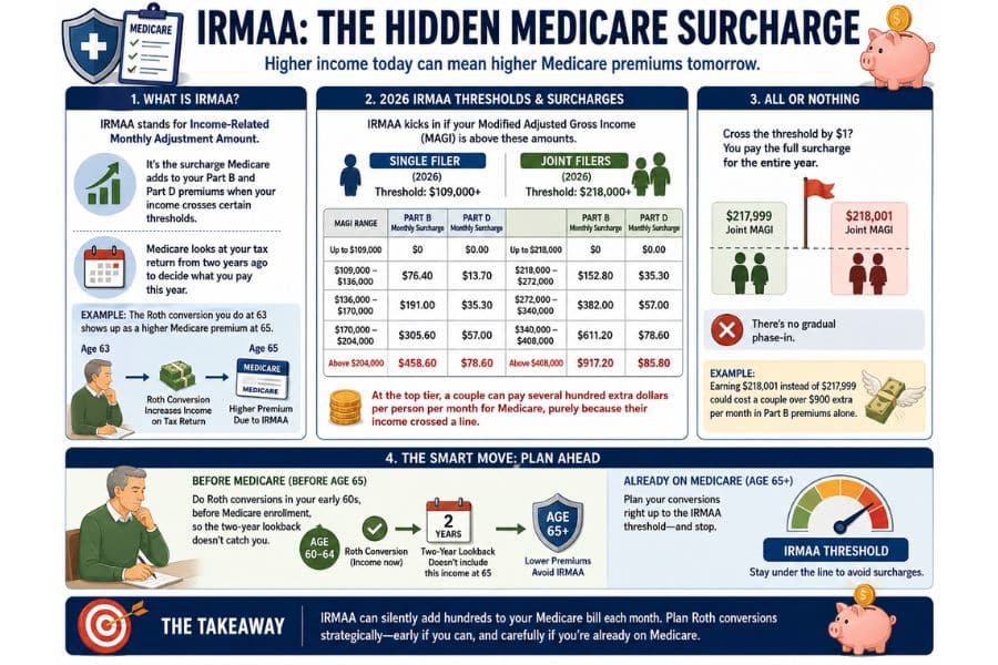 Infographic titled "IRMAA. THE HIDDEN MEDICARE SURCHARGE." It explains 2026 Medicare IRMAA income thresholds and surcharges for single and joint filers and shows how Roth conversions can increase Medicare premiums. It advises planning conversions before Medicare or around IRMAA thresholds to avoid higher premiums.