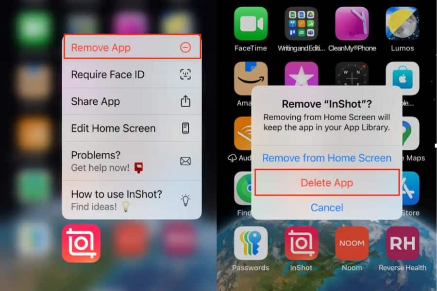 Two iPhone screens demonstrate deleting the InShot app to create more space on your iPhone. The first screen highlights "Remove App" and the confirmation screen reads "Remove InShot?" with options "Remove from Home Screen" "Delete App" and "Cancel".