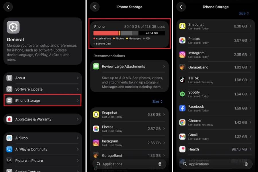 Three dark mode iPhone Settings screens show the path to review storage usage. "iPhone Storage" is highlighted under "General" followed by a storage bar reading "80.46 GB of 128 GB used" and a list showing "Snapchat 6.38 GB" "Photos 2.57 GB" "Instagram 2.35 GB" "GarageBand 1.83 GB" "TikTok 1.68 GB" "Spotify 1.64 GB" "Facebook 1.59 GB" "Chrome 1.42 GB" "Gmail 1.32 GB" and "Health 967.6 MB".