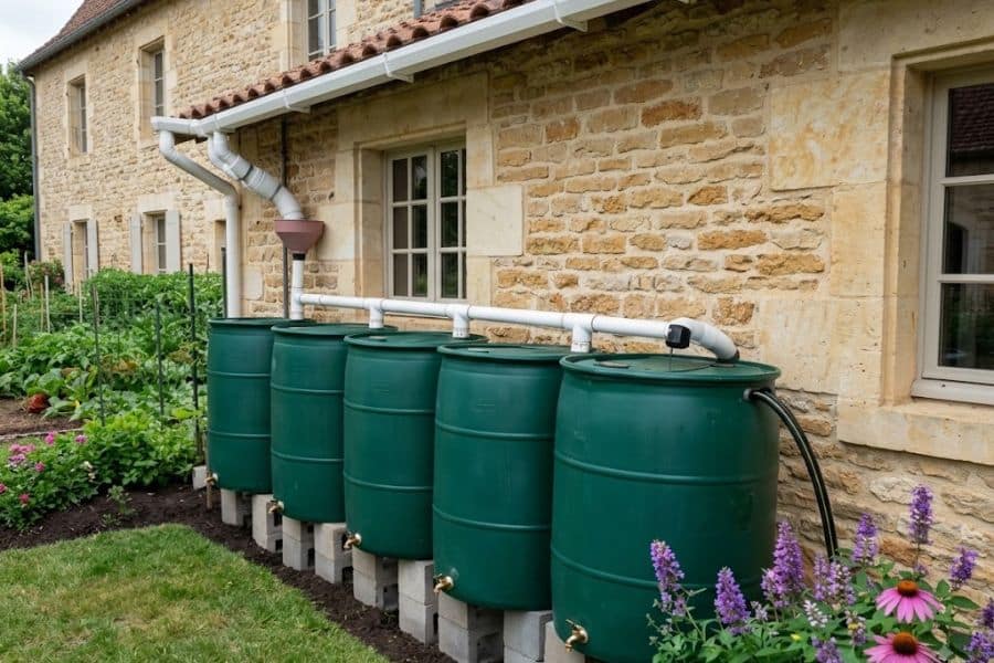 Five green rainwater barrels stand beside a stone house with white pipes connecting them to the roof gutters. Each barrel has a tap near the bottom for accessing the collected water.