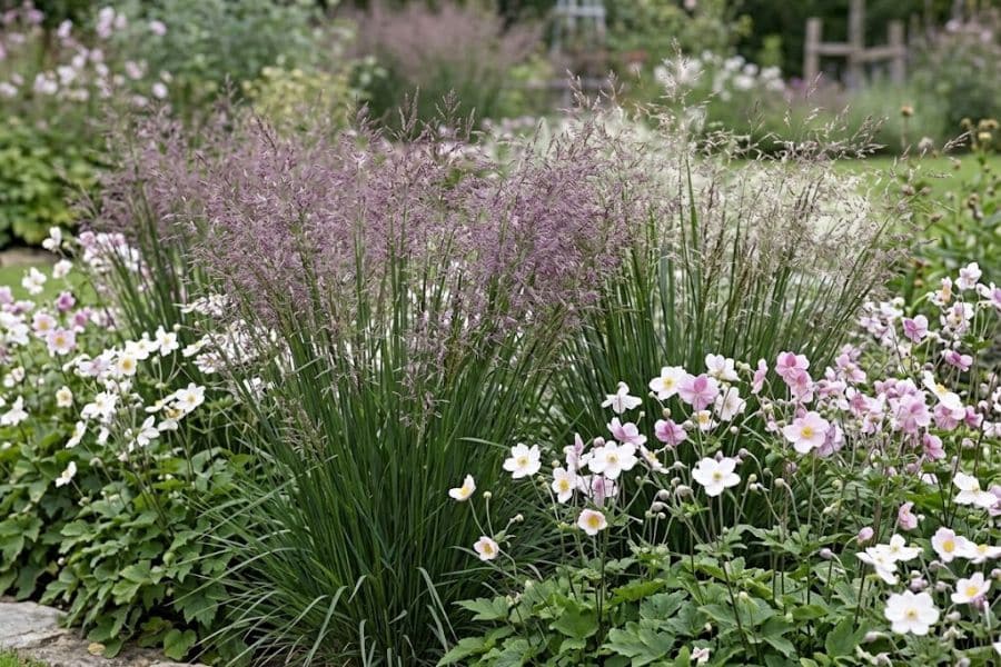 Upright ornamental grasses with airy purple flower heads surrounded by white and pale pink Japanese anemones in a cottage style garden. The contrasting shapes create a light and natural looking planting.