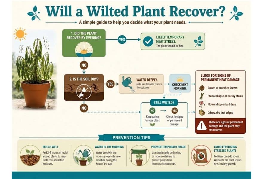 Infographic titled "Will a Wilted Plant Recover." It reads "A simple guide to help you decide what your plant needs." The guide asks "1. Did the plant recover by evening." If yes it says "Likely temporary heat stress. The plant should be fine." If no it asks "2. Is the soil dry." If yes it says "Water deeply. Make sure the water reaches the root zone. Check next morning." It then asks "Still wilted." If no it says "Keep caring for your plant." If yes it says "Check for signs of permanent damage." Signs listed are "Brown or scorched leaves." "Stem collapse or mushy stems." "Flower drop or bud drop." "Crispy dry leaf edges." It warns "These are signs of permanent damage and the plant may not recover." Prevention tips read "Mulch well. Add 2 to 3 inches of mulch around plants to keep roots cool and retain moisture." "Water in the morning. Water deeply in the morning so plants have moisture during the heat of the day." "Provide temporary shade. Use shade cloth umbrellas or move containers to protect plants from intense afternoon sun." "Avoid fertilizing stressed plants. Fertilizer can add stress. Wait until the plant shows new healthy growth."