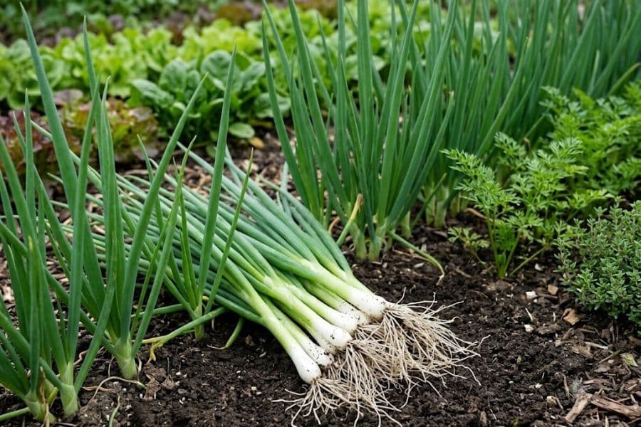Fresh green onions rest on dark soil beside neat rows of growing onions and carrots. Their white bulbs and tangled roots show that they have just been pulled from the garden.