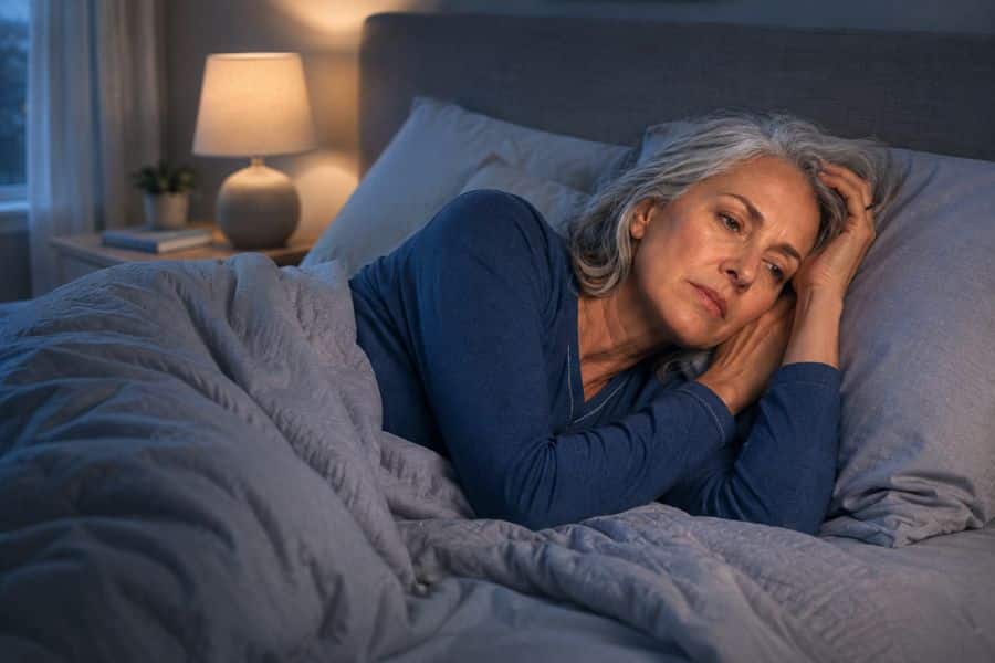 A gray haired woman lies awake in bed at night with her head resting on her hand. Her tired expression represents difficulty sleeping and concerns around sleep after 50.