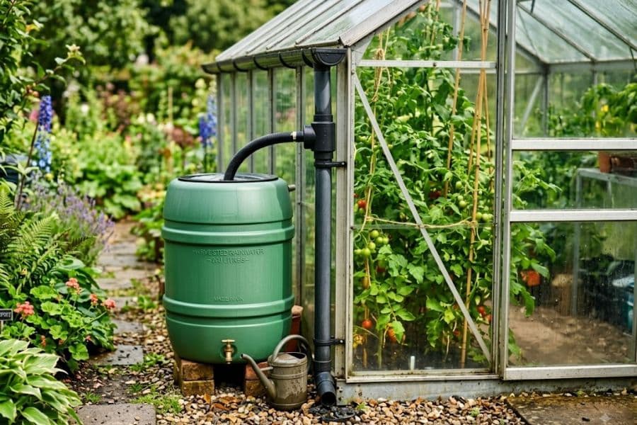 A green rainwater barrel collects water from the gutter of a glass greenhouse filled with tomato plants. A watering can sits beside the barrel ready for garden use.