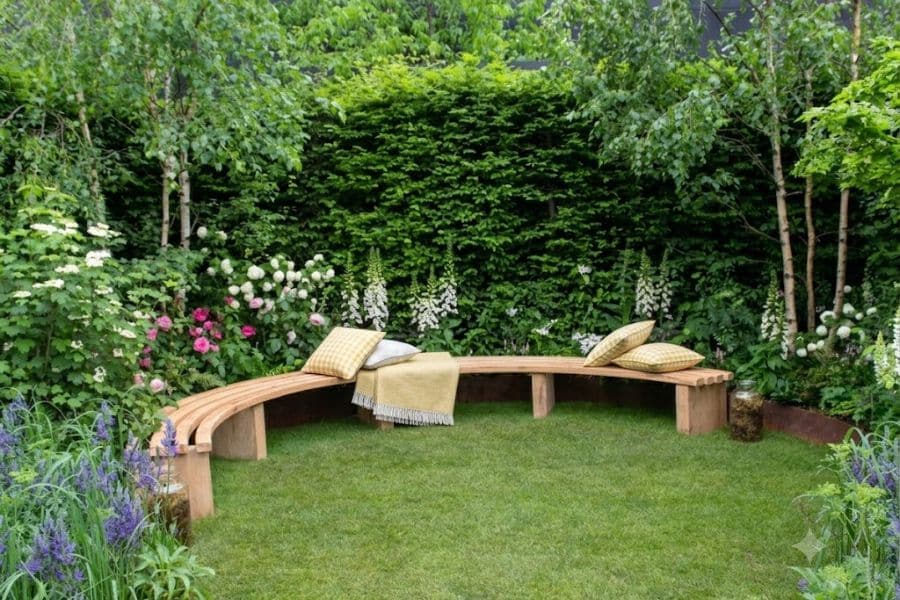 A curved wooden bench with cushions and a folded blanket wraps around a small lawn. Dense trees and layered borders of white pink purple and blue flowers create an enclosed garden retreat.