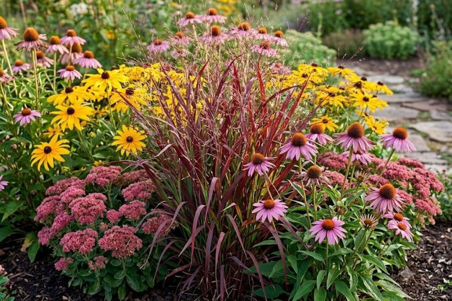 Burgundy ornamental grasses growing among purple coneflowers, black eyed Susans, and pink sedum beside a winding garden path. The colorful foliage adds bold contrast and texture to the late season perennial border.