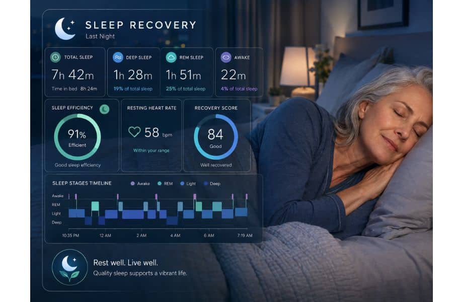 A gray haired woman sleeps peacefully beside a detailed sleep tracking dashboard. The dashboard reads "SLEEP RECOVERY. Last Night. TOTAL SLEEP. 7h 42m. Time in bed 8h 24m. DEEP SLEEP. 1h 28m. 19% of total sleep. REM SLEEP. 1h 51m. 25% of total sleep. AWAKE. 22m. 4% of total sleep. SLEEP EFFICIENCY. 91% Efficient. Good sleep efficiency. RESTING HEART RATE. 58 bpm. Within your range. RECOVERY SCORE. 84 Good. Well recovered. SLEEP STAGES TIMELINE. Awake. REM. Light. Deep. 10.35 PM. 12 AM. 2 AM. 4 AM. 6 AM. 7.19 AM. Rest well. Live well. Quality sleep supports a vibrant life."