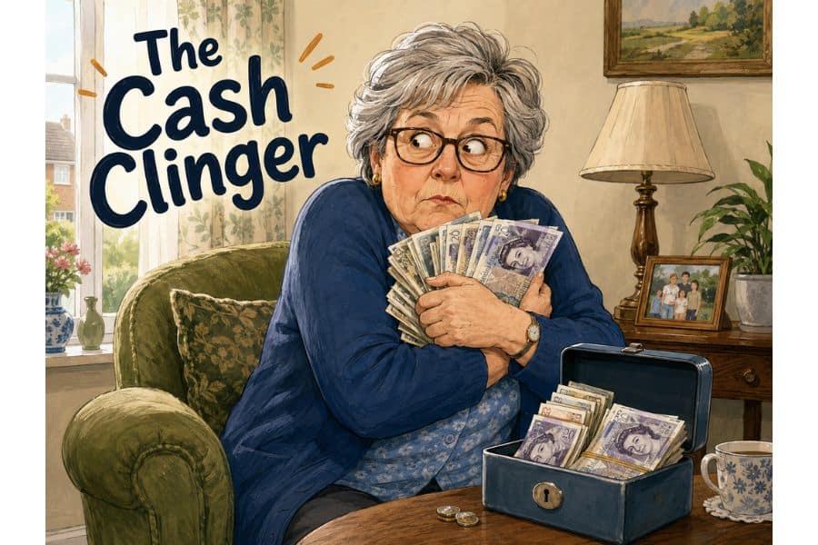 A cartoon-style image of an older woman with a fan of cash gripped in her hands and held to her body tightly and the words The Cash Clinger