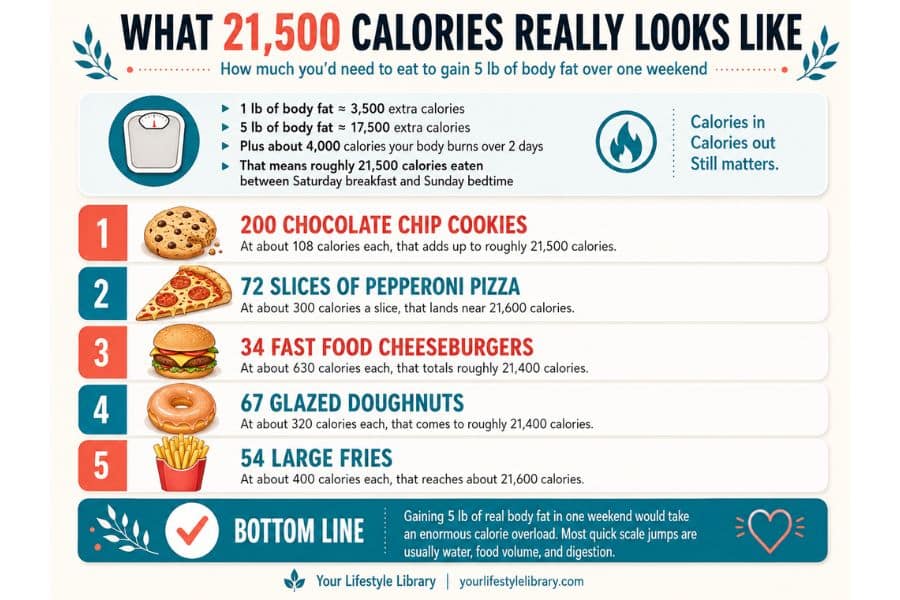 A teal red and cream infographic compares the amount of food associated with twenty one thousand five hundred calories using illustrations of cookies pizza cheeseburgers doughnuts and fries. Text reads "WHAT 21 500 CALORIES REALLY LOOKS LIKE. How much you would need to eat to gain 5 lb of body fat over one weekend. 1 lb of body fat is approximately 3 500 extra calories. 5 lb of body fat is approximately 17 500 extra calories. Plus about 4 000 calories your body burns over 2 days. That means roughly 21 500 calories eaten between Saturday breakfast and Sunday bedtime. Calories in. Calories out. Still matters. 1. 200 CHOCOLATE CHIP COOKIES. At about 108 calories each that adds up to roughly 21 500 calories. 2. 72 SLICES OF PEPPERONI PIZZA. At about 300 calories a slice that lands near 21 600 calories. 3. 34 FAST FOOD CHEESEBURGERS. At about 630 calories each that totals roughly 21 400 calories. 4. 67 GLAZED DOUGHNUTS. At about 320 calories each that comes to roughly 21 400 calories. 5. 54 LARGE FRIES. At about 400 calories each that reaches about 21 600 calories. BOTTOM LINE. Gaining 5 lb of real body fat in one weekend would take an enormous calorie overload. Most quick scale jumps are usually water food volume and digestion. Your Lifestyle Library. yourlifestylelibrary.com."