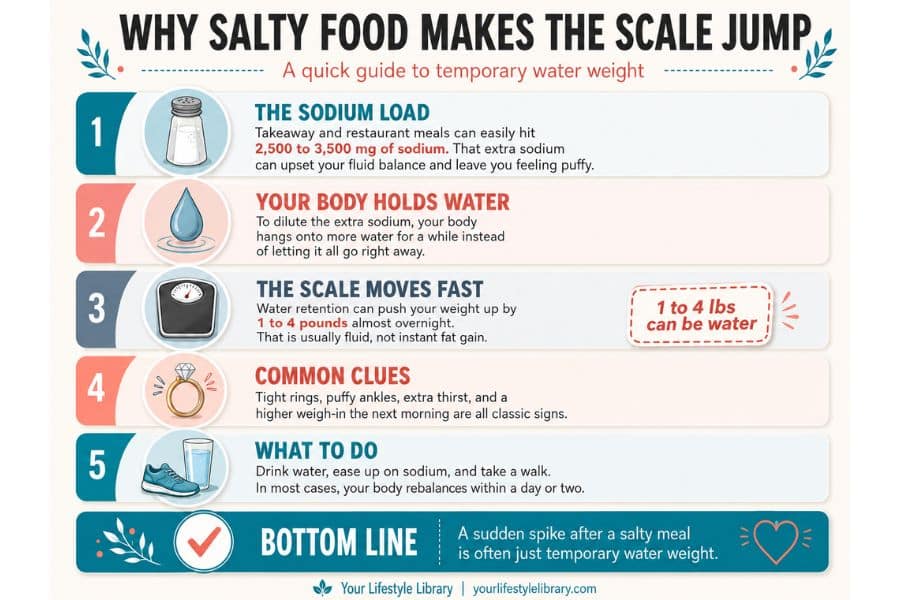 An infographic with salt shaker water drop scale ring and walking shoe icons explains how sodium can cause temporary overnight weight gain. Text reads "WHY SALTY FOOD MAKES THE SCALE JUMP. A quick guide to temporary water weight. 1. THE SODIUM LOAD. Takeaway and restaurant meals can easily hit 2 500 to 3 500 mg of sodium. That extra sodium can upset your fluid balance and leave you feeling puffy. 2. YOUR BODY HOLDS WATER. To dilute the extra sodium your body hangs onto more water for a while instead of letting it all go right away. 3. THE SCALE MOVES FAST. Water retention can push your weight up by 1 to 4 pounds almost overnight. That is usually fluid not instant fat gain. 1 to 4 lbs can be water. 4. COMMON CLUES. Tight rings puffy ankles extra thirst and a higher weigh in the next morning are all classic signs. 5. WHAT TO DO. Drink water ease up on sodium and take a walk. In most cases your body rebalances within a day or two. BOTTOM LINE. A sudden spike after a salty meal is often just temporary water weight. Your Lifestyle Library. yourlifestylelibrary.com."