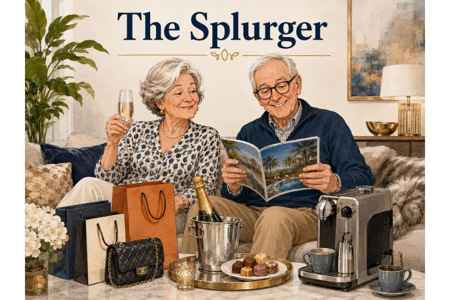 A cartoon style drawing of an older couple. The woman is holding a glass of champagne and the man is looking at a holiday brochure