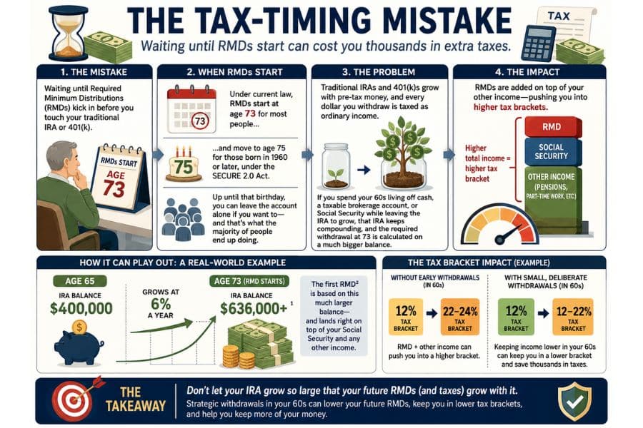 Infographic titled "THE TAX TIMING MISTAKE. Waiting until RMDs start can cost you thousands in extra taxes." It explains that delaying withdrawals from traditional retirement accounts can allow balances and future required minimum distributions to grow and potentially push retirees into higher tax brackets. The example shows a 400000 dollar IRA balance at age 65 growing at 6 percent a year to more than 636000 dollars by age 73 and recommends strategic withdrawals in your 60s to reduce this retirement tax mistake.