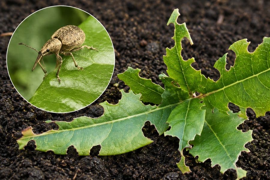 Green leaves have large irregular notches and holes around their edges from feeding damage. An inset shows a brown adult vine weevil standing on a leaf.