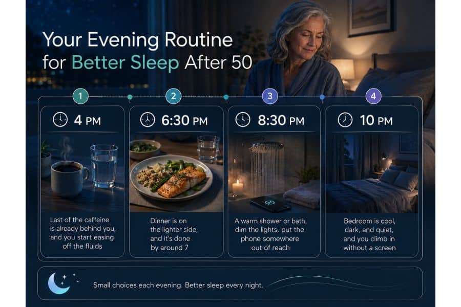 An evening routine infographic shows four steps for improving sleep after 50 alongside a gray haired woman preparing for bed. The text reads "Your Evening Routine for Better Sleep After 50. 1. 4 PM. Last of the caffeine is already behind you and you start easing off the fluids. 2. 6.30 PM. Dinner is on the lighter side and it’s done by around 7. 3. 8.30 PM. A warm shower or bath. dim the lights. put the phone somewhere out of reach. 4. 10 PM. Bedroom is cool. dark. and quiet. and you climb in without a screen. Small choices each evening. Better sleep every night."