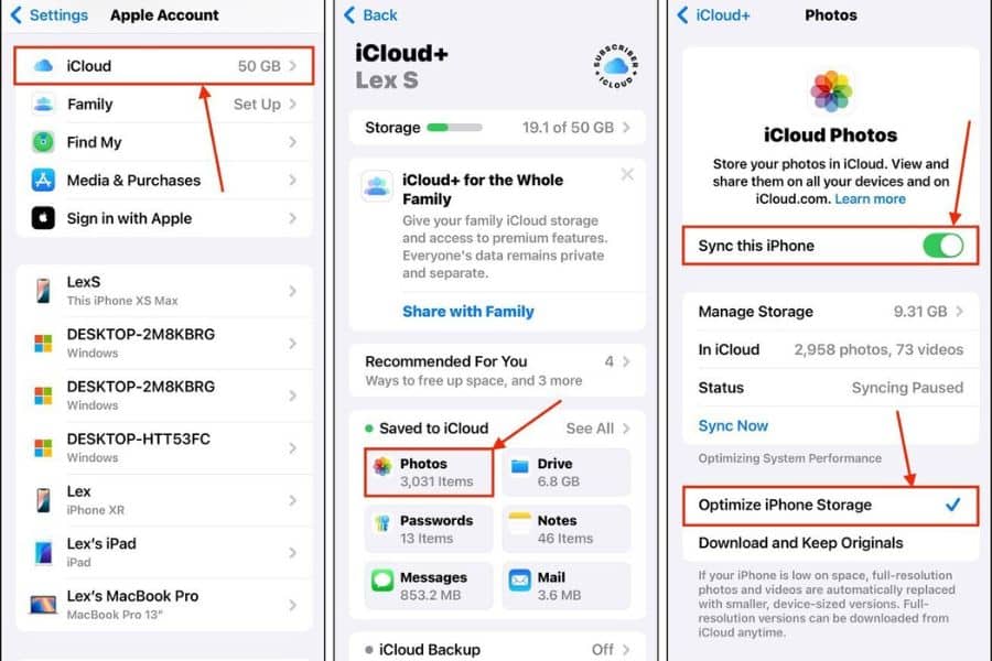 Three iPhone screens show how to optimize Photos storage through iCloud to free up space on your iPhone. The path highlights "iCloud 50 GB" then "Photos 3,031 Items" and finally the Photos settings with "Sync this iPhone" turned on and "Optimize iPhone Storage" selected alongside "Manage Storage 9.31 GB" "In iCloud 2,958 photos 73 videos" "Status Syncing Paused" "Sync Now" and "Download and Keep Originals".