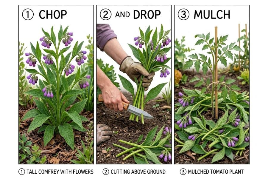 Rows of young tomato plants grow through a thick layer of straw mulch in raised garden beds. The straw covers the soil around each plant to help retain moisture and limit weed growth.