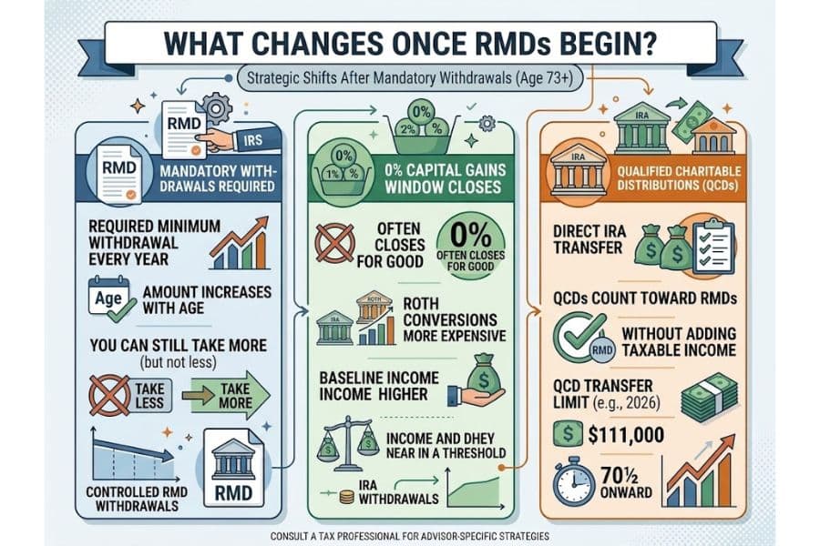 Three panel infographic explaining how retirement tax planning can shift once required minimum distributions begin after age 73. The infographic reads. "WHAT CHANGES ONCE RMDs BEGIN. Strategic Shifts After Mandatory Withdrawals. Age 73 plus. MANDATORY WITHDRAWALS REQUIRED. REQUIRED MINIMUM WITHDRAWAL EVERY YEAR. Age. AMOUNT INCREASES WITH AGE. YOU CAN STILL TAKE MORE. but not less. TAKE LESS. TAKE MORE. CONTROLLED RMD WITHDRAWALS. RMD. 0% CAPITAL GAINS WINDOW CLOSES. OFTEN CLOSES FOR GOOD. 0% OFTEN CLOSES FOR GOOD. ROTH CONVERSIONS MORE EXPENSIVE. BASELINE INCOME HIGHER. IRA WITHDRAWALS. QUALIFIED CHARITABLE DISTRIBUTIONS. QCDs. DIRECT IRA TRANSFER. QCDs COUNT TOWARD RMDs. WITHOUT ADDING RMD TAXABLE INCOME. QCD TRANSFER LIMIT. e.g. 2026. $111,000. 70 and one half ONWARD. CONSULT A TAX PROFESSIONAL FOR ADVISOR SPECIFIC STRATEGIES."