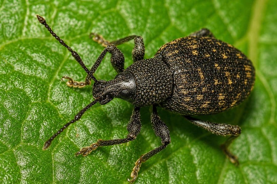 Close up view of a dark adult vine weevil on a bright green leaf. Its rounded textured body and long antennae are clearly visible.