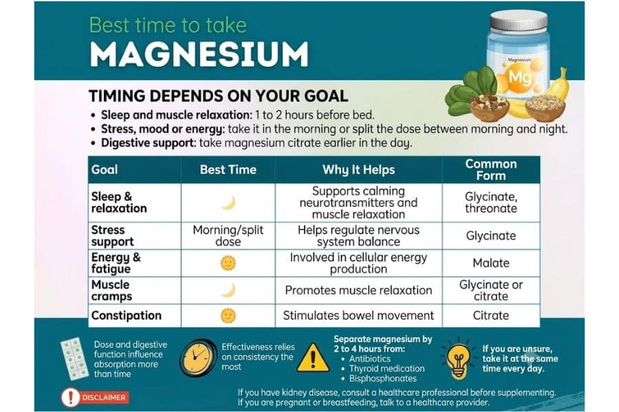 Infographic titled "Best time to take MAGNESIUM." It states "Timing depends on your goal. Sleep and muscle relaxation. 1 to 2 hours before bed. Stress mood or energy. Take it in the morning or split the dose between morning and night. Digestive support. Take magnesium citrate earlier in the day." A table lists "Goal. Best Time. Why It Helps. Common Form." Rows include "Sleep and relaxation. Night. Supports calming neurotransmitters and muscle relaxation. Glycinate threonate. Stress support. Morning split dose. Helps regulate nervous system balance. Glycinate. Energy and fatigue. Morning. Involved in cellular energy production. Malate. Muscle cramps. Night. Promotes muscle relaxation. Glycinate or citrate. Constipation. Morning. Stimulates bowel movement. Citrate." Additional notes read "Dose and digestive function influence absorption more than time. Effectiveness relies on consistency the most. Separate magnesium by 2 to 4 hours from antibiotics thyroid medication bisphosphonates. If you are unsure take it at the same time every day." A disclaimer at the bottom says "If you have kidney disease consult a healthcare professional before supplementing. If you are pregnant or breastfeeding talk to a healthcare provider." This infographic provides detailed guidance on when to take your vitamins and magnesium based on different health goals.