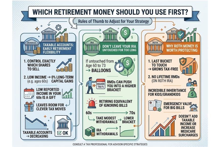 Three panel infographic comparing taxable accounts. traditional IRAs. and Roth IRAs to explain which retirement money may be used first. The infographic reads. "WHICH RETIREMENT MONEY SHOULD YOU USE FIRST. Rules of Thumb to Adjust for Your Strategy. TAXABLE ACCOUNTS. EARLY RETIREMENT FLEXIBILITY. 1. CONTROL EXACTLY WHICH SHARES TO SELL. 2. LOW INCOME. 0% LONG TERM CAPITAL GAINS. e.g. ages 60s. LOW REPORTED INCOME IN YOUR 60s IS A GIFT. LEAVES ROOM FOR CLEVER TAX MOVES. TAXABLE ACCOUNTS. DECREASING. OK. DON'T LEAVE YOUR IRA UNTOUCHED FOR TOO LONG. If untouched from Age 60 to 73. BALLOONS. RMDs CAN PUSH YOU INTO A HIGHER BRACKET. RETIRING EQUIVALENT OF IGNORING BILLS. 60s. 70s. TAKE MODEST WITHDRAWALS. LOWER BRACKET. IRA WITHDRAWALS. WHY ROTH MONEY IS WORTH PROTECTING. 1. LAST BUCKET TO TOUCH. GROWS TAX FREE. 2. NO LIFETIME RMDs. ON ROTH IRA. INCREDIBLE INHERITANCE FOR KIDS AND GRANDKIDS. EMERGENCY VALVE FOR BIG BILLS. DOESN'T ADD TAXABLE INCOME OR INCREASE MEDICARE SURCHARGES. CONSULT A TAX PROFESSIONAL FOR ADVISOR SPECIFIC STRATEGIES."