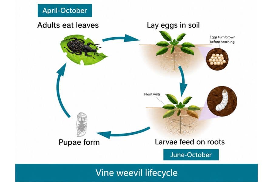 Diagram showing the vine weevil lifecycle from adult feeding through egg laying larvae and pupae. The diagram reads "April-October" "Adults eat leaves" "Lay eggs in soil" "Eggs turn brown before hatching" "Plant wilts" "Larvae feed on roots" "June-October" "Pupae form" "Vine weevil lifecycle".