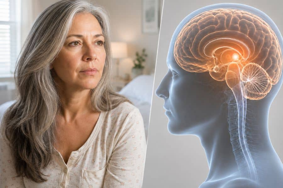 A gray haired woman sits beside a glowing cutaway illustration of the human brain. The pairing visually connects sleep after 50 with the brain and its role in regulating sleep.