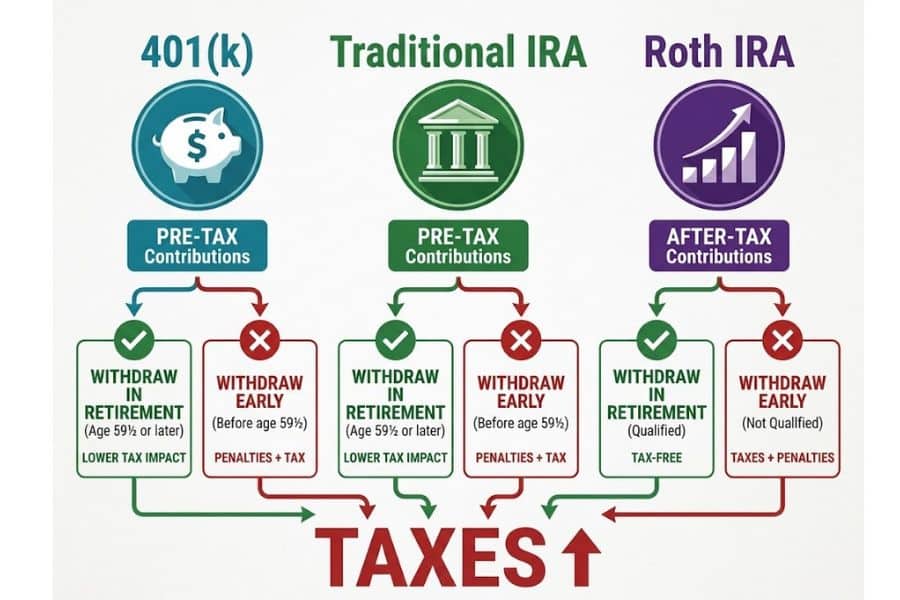 Flowchart comparing the tax treatment of 401(k). traditional IRA. and Roth IRA contributions and withdrawals in retirement or before qualification. The infographic reads. "401(k). PRE TAX Contributions. WITHDRAW IN RETIREMENT. Age 59 and one half or later. LOWER TAX IMPACT. WITHDRAW EARLY. Before age 59 and one half. PENALTIES plus TAX. Traditional IRA. PRE TAX Contributions. WITHDRAW IN RETIREMENT. Age 59 and one half or later. LOWER TAX IMPACT. WITHDRAW EARLY. Before age 59 and one half. PENALTIES plus TAX. Roth IRA. AFTER TAX Contributions. WITHDRAW IN RETIREMENT. Qualified. TAX FREE. WITHDRAW EARLY. Not Qualified. TAXES plus PENALTIES. TAXES."