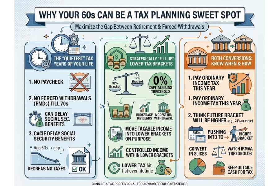 Three panel infographic presenting a retiree's 60s as a tax planning window for lower bracket withdrawals. capital gains planning. and Roth conversions before required minimum distributions begin. The infographic reads. "WHY YOUR 60s CAN BE A TAX PLANNING SWEET SPOT. Maximize the Gap Between Retirement and Forced Withdrawals. THE QUIETEST TAX YEARS OF YOUR LIFE. 1. NO PAYCHECK. 2. NO FORCED WITHDRAWALS. RMDs. TILL 70s. CAN DELAY SOCIAL SEC. BENEFITS. DELAY SOCIAL SECURITY BENEFITS. Age 60s. gap. DECREASING TAXES. OK. STRATEGICALLY FILL UP LOWER TAX BRACKETS. 10% Bracket. 12% Bracket. 0% CAPITAL GAINS THRESHOLD. BROKERAGE DIVIDENDS. MODEST IRA WITHDRAWAL. MOVE TAXABLE INCOME INTO LOWER BRACKETS ON PURPOSE. CONTROLLED INCOME WITHIN LOWER BRACKETS. LOWER TAX hit flat over lifetime. ROTH CONVERSIONS. KNOW WHEN AND HOW. PAY ORDINARY INCOME TAX THIS YEAR. THINK FUTURE BRACKET WILL BE HIGHER. e.g. 24% or more. RMDs. PUSHING INTO 70. HIGHER BRACKET. CONVERT IN SLICES. WATCH IRMAA THRESHOLDS. KEEP OUTSIDE CASH FOR TAX. CONSULT A TAX PROFESSIONAL FOR ADVISOR SPECIFIC STRATEGIES."