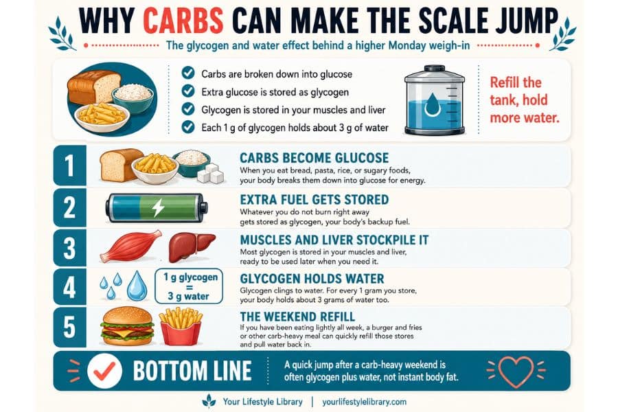 An infographic uses bread rice pasta a battery muscles a liver water drops and fast food to explain how stored carbohydrates hold water. Text reads "WHY CARBS CAN MAKE THE SCALE JUMP. The glycogen and water effect behind a higher Monday weigh in. Carbs are broken down into glucose. Extra glucose is stored as glycogen. Glycogen is stored in your muscles and liver. Each 1 g of glycogen holds about 3 g of water. Refill the tank hold more water. 1. CARBS BECOME GLUCOSE. When you eat bread pasta rice or sugary foods your body breaks them down into glucose for energy. 2. EXTRA FUEL GETS STORED. Whatever you do not burn right away gets stored as glycogen your body's backup fuel. 3. MUSCLES AND LIVER STOCKPILE IT. Most glycogen is stored in your muscles and liver ready to be used later when you need it. 4. GLYCOGEN HOLDS WATER. Glycogen clings to water. For every 1 gram you store your body holds about 3 grams of water too. 1 g glycogen equals 3 g water. 5. THE WEEKEND REFILL. If you have been eating lightly all week a burger and fries or other carb heavy meal can quickly refill those stores and pull water back in. BOTTOM LINE. A quick jump after a carb heavy weekend is often glycogen plus water not instant body fat. Your Lifestyle Library. yourlifestylelibrary.com."