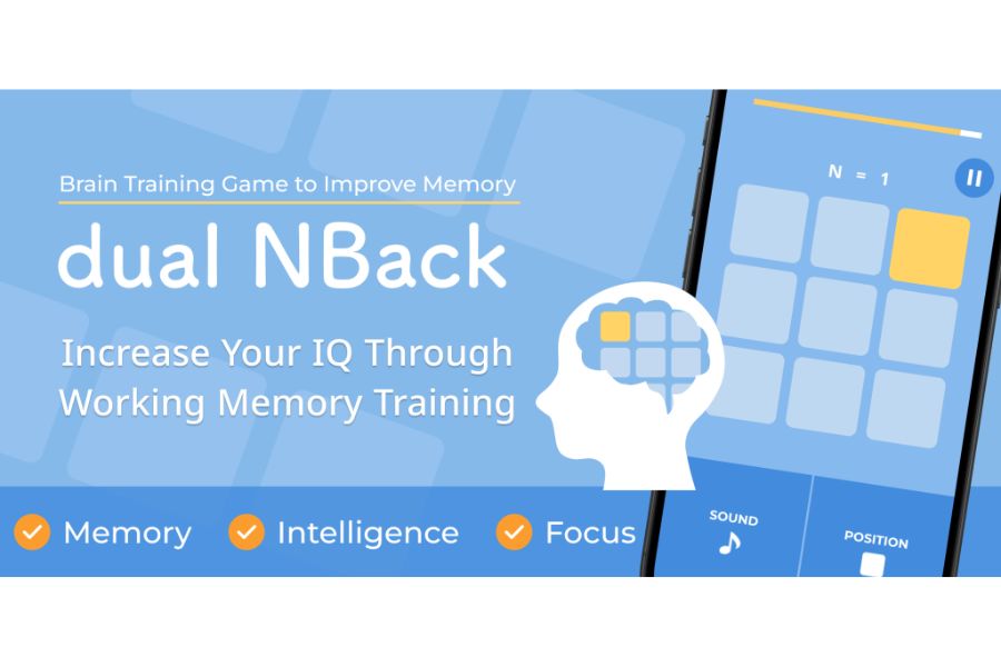 A blue graphic promotes a working memory training game alongside a smartphone displaying a grid based exercise. The graphic reads "Brain Training Game to Improve Memory" "dual NBack" "Increase Your IQ Through Working Memory Training" "Memory" "Intelligence" "Focus" "N = 1" "SOUND" and "POSITION".