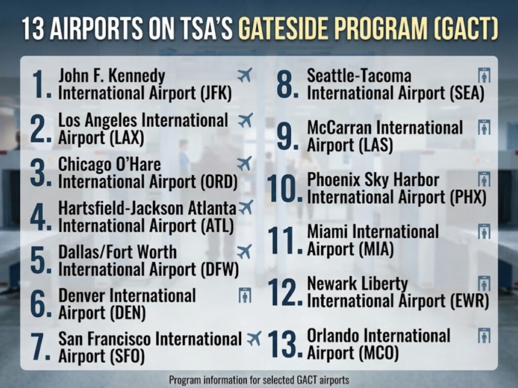 Infographic titled "13 AIRPORTS ON TSA’S GATESIDE PROGRAM (GACT)" listing "1. John F. Kennedy International Airport (JFK). 2. Los Angeles International Airport (LAX). 3. Chicago O’Hare International Airport (ORD). 4. Hartsfield-Jackson Atlanta International Airport (ATL). 5. Dallas/Fort Worth International Airport (DFW). 6. Denver International Airport (DEN). 7. San Francisco International Airport (SFO). 8. Seattle-Tacoma International Airport (SEA). 9. McCarran International Airport (LAS). 10. Phoenix Sky Harbor International Airport (PHX). 11. Miami International Airport (MIA). 12. Newark Liberty International Airport (EWR). 13. Orlando International Airport (MCO)." Small airplane and person icons appear beside different airports. Footer text reads "Program information for selected GACT airports."