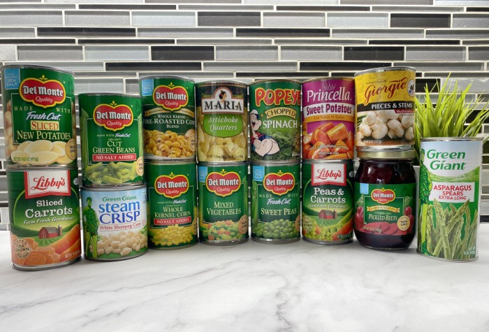 A row of canned vegetables sits on a kitchen counter in a discussion about food choices and stroke risk.