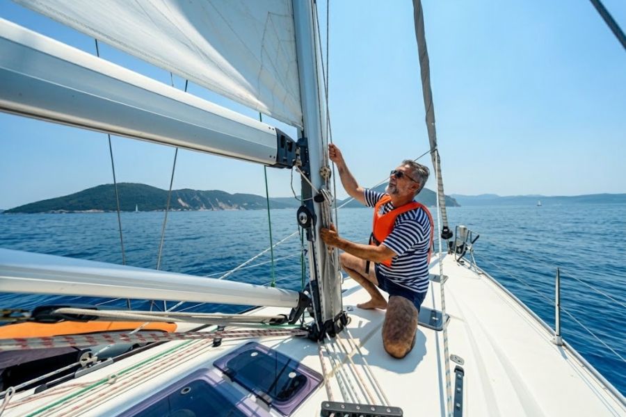 A man wearing an orange life jacket adjusts the sail on a white sailboat under a bright blue sky. Green islands rise from the calm sea in the distance.