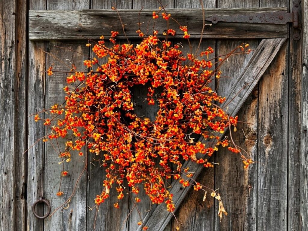 A large wreath made from twisting branches covered in bright orange and red berries hangs on a weathered gray wooden barn door. Long berry covered stems extend loosely around the circular shape for a wild natural appearance.