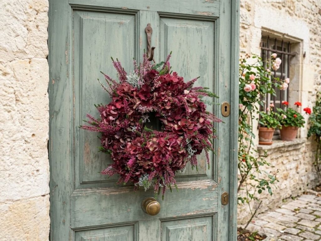 A large wreath made from twisting branches covered in bright orange and red berries hangs on a weathered gray wooden barn door. Long berry covered stems extend loosely around the circular shape for a wild natural appearance.