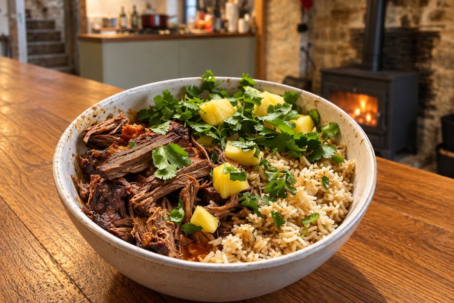 A bowl of tender shredded beef served with seasoned rice pineapple pieces and fresh cilantro. The hearty combination is presented as an easy option among the crockpot meals featured in the post.