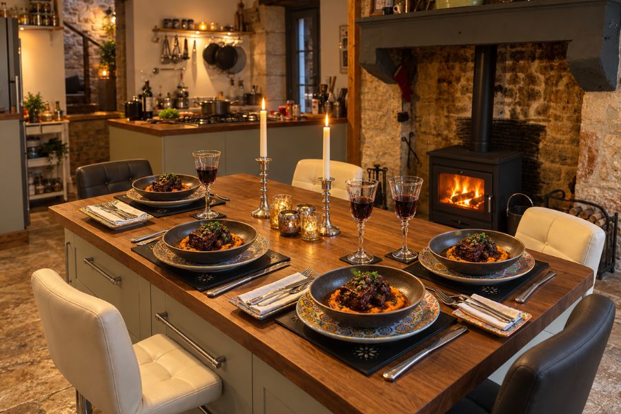 A wooden kitchen table set for four with bowls of a dark saucy dinner and glasses of red wine. Candles and a glowing wood stove create a warm setting for serving a slow cooked meal.