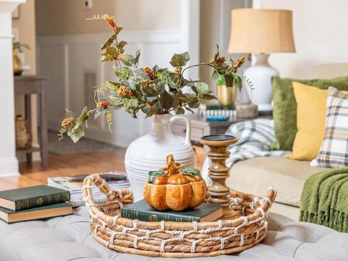 A woven tray on a living room ottoman holds a ceramic pumpkin, stacked green books, a white pitcher filled with leafy branches and orange berries, and a wooden candleholder. Green and yellow pillows and a soft throw in the background create a warm seasonal look.