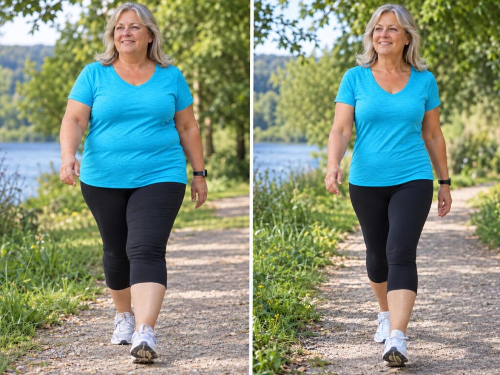 Side by side comparison of the same woman walking on a sunlit path beside a lake and trees with the left photo showing a fuller figure and the right photo showing a slimmer figure to illustrate weight loss progress. She wears a bright blue T shirt black capri leggings white sneakers and a fitness watch in both photos.