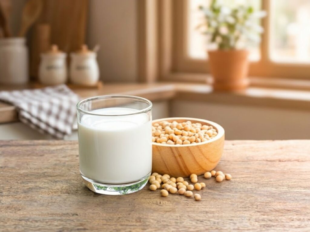 Glass of soy milk beside a wooden bowl filled with soybeans on a kitchen table. The soy drink represents a processed food made from whole soybeans.