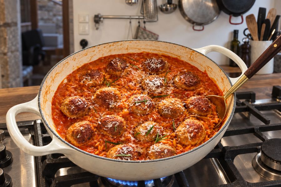 A wide white pot filled with meatballs and small pasta in a rich tomato sauce. The meatballs are topped with grated cheese and fresh herbs while the pot sits on the stove.